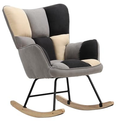 DARDVORLAG Samt-Schaukelstuhl Beige Grau Schwarz – Ergonomischer Relaxstuhl Chenille-Samtbezug, gepolsterter Sitz Schwingsessel Holz-Kufen Designer-Schaukelsessel für Wohnzimmer & Schlafzimmer