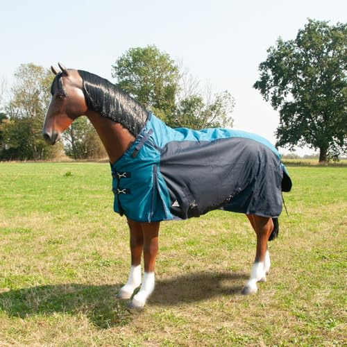 Brama-West Montana Couverture d'hiver pour cheval 200 g - Turnout 1200D - Couverture d'extérieur doublée - Imperméable - Coupe-vent - Bleu pétrole/bleu marine