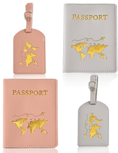 Reisepasshülle, Reisepass Organizer, Passport Cover für Kreditkarten, PU-Leder Reisepass Passaporto und Kofferanhänger 2er Set, für Herren Damen, Schutzhülle Halter für Reisedokumente (Grau/Rosa)
