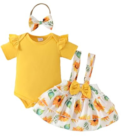 LUVCES Conjunto Ropa Bebé Niñas Manga Corta con Volantes Mono Top + Estampado Floral Falda Vestido con Tirantes+Diadema 3 Piezas Trajes Verano Ropa Girasol amarillo 3-6 Meses