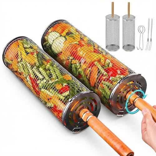 Rullande grillkorg i rostfritt stål 2 delar, cylindrisk BBQ grillkorg med avtagbart handtag för BBQ grillning camping utomhus, vridbar grilltrumma grilltillbehör för grönsaker fisk kött räkor pommes