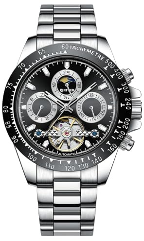 HFWXYSA Moda Automatico Meccanico Tourbillon Orologi da Polso Uomo Acciaio Inox Cinturino Luminoso Pointer Multifunzione,Nero