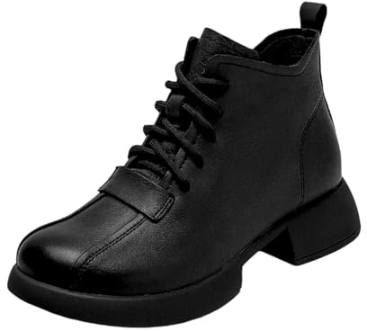 Botas de cuero para mujer, botines gruesos de piso grueso, botas cortas vintage con parte superior de piel, tacón de bloque botas con cordones, botas de entretiempo para primavera y otoño, cómodas