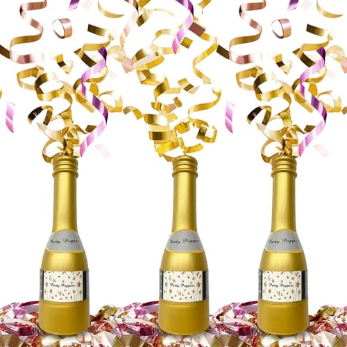 3PCS Biodegradable Confetti Cannons – Hand Twisting Champagne-Shaped Party Cannon with Rose Colored Stripes for Celebrations, Weddings & Birthdays – Party Cheer Confetti Columniform