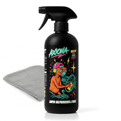 AXIONA Limpia Salpicaderos para Coche 1L - Abrillantador de Plásticos, Protector y Renovador No Graso – Neumáticos, Vinilos y Gomas – Detailing Profesional | Incluye Bayeta de Microfibra