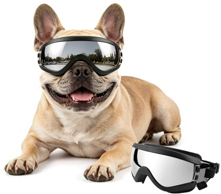 PETLESO Hundglasögon för Medelstora Hundar Anti-UV Vindtäta Hundcykelglasögon med Justerbart Gummiband, Hundsolglasögon för Medelstora Raser - Silver, M