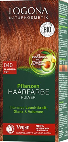 LOGONA Naturkosmetik Pflanzen-Haarfarbe Pulver 040 Flammenrot, Mit Avocadoöl, Kupferiges Rot, Vegan & Natürlich, Rote Natur-Haarfarbe mit Henna, Coloration, 100g