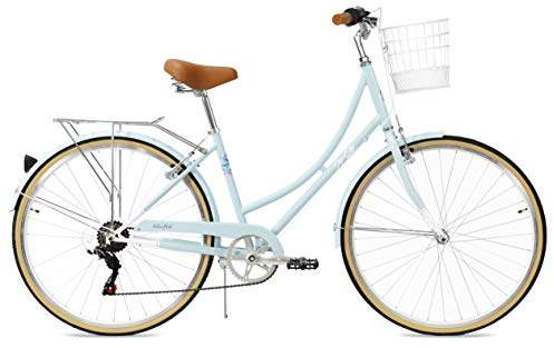 FabricBike Step City Damenfahrrad Amsterdam 28 Zoll Komfort Bike 7 Gang Hollandrad im Retro-Design (Sky Blue + Korb)