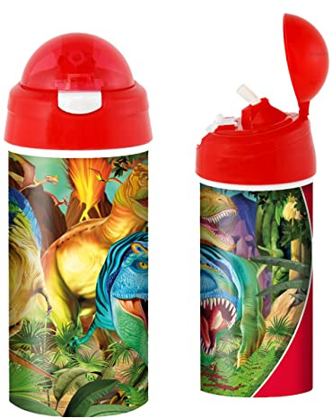 3D LiveLife Drinking Bottle - Dino Smiles from Deluxebase. 3D Lenticular 600ml BPA Free Reusable Red Water Bottle with Straw and Flip Top Lid. Leak Proof Jurassic Drinks Bottles with Dinosaur Design.
