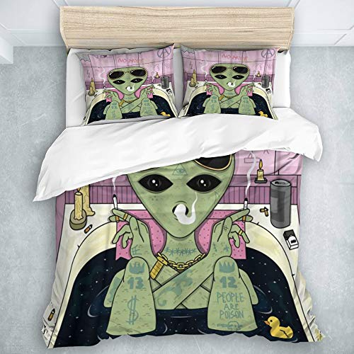 SUHETI Mikrofaser Bettbezug,Trippy Alien Smoke und Chill in Bath Cigarette Glasses,Bettwäsche 135x200cm Kissenbezügen 2(50x80cm)