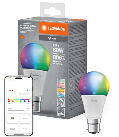 LEDVANCE Smart LED lamp with WiFi Technology, B22d-base matt Optics ,RGBW Colours Changeable, Light Colour Changeable (2700K-6500K), 806 Lumen, 60W-Replacement, Smart dimmable, 1-Pack