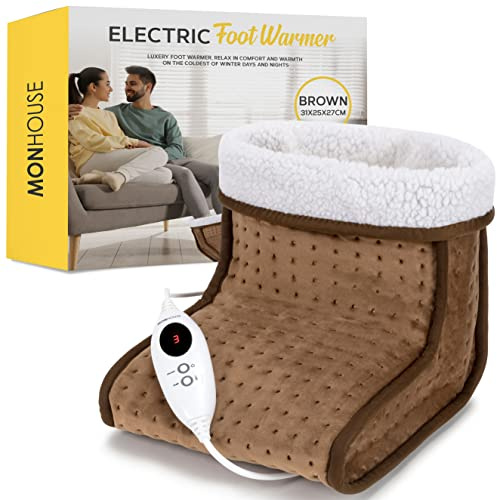 MONHOUSE Calientapiés Eléctrico - Calentador de Pies Fríos para el Hogar y la Oficina - Cojín Calentador Suave y Transpirable - Terapia de Calor Relajante - Calienta Pies para Mujer y Hombre - Marrón