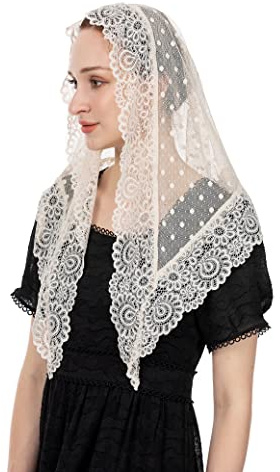 Wgior Triangle Vintage Inspired Lace Chapel Veils Catholic Mass Head Covering Scarf Mantilla Veils for Church (Ivory)