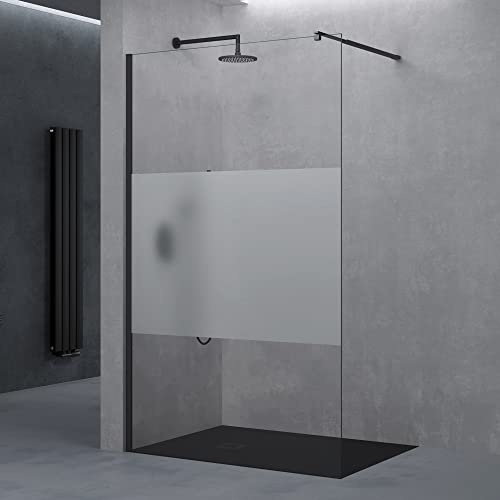 doporro Walk in Box Doccia 110x200 cm, Parete Doccia Fissa in Vetro Temperato 8 mm Anti Frantumi con Fascia Satinata, Barra Stabilizzatrice e Profilo Nero Opaco - Bremen01k