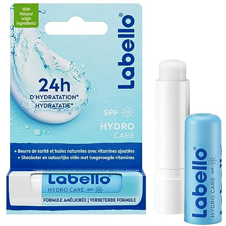 LABELLO Hydro-Care (1 x 5,5 ml), Baume à lèvres FPS 15 hydratation longue durée pendant 24H, Soin des lèvres enrichi en huiles naturelles et au beurre de karité