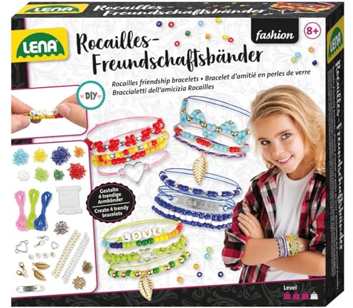 LENA 42721 Rocailles vänskapsarmband, pysselset för barn från 8 år, knytset med garn 8 färger, kreativt set i färgglada hopfällbara lådor, pärlor av plast, flerfärgad, 18,5 x 4 x 17 cm