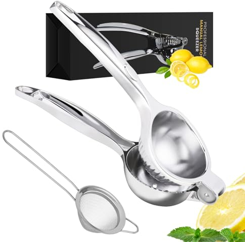 Xialvyu Zitronenpresse Edelstahl mit Sieblöffel,Heavy Duty Manuelle Zitruspresse, Metall Lemon Squeezer,Limettenpresse mit Gebogenem Griff,Rostfrei & Spülmaschinenfest(7cm Durchmesser)