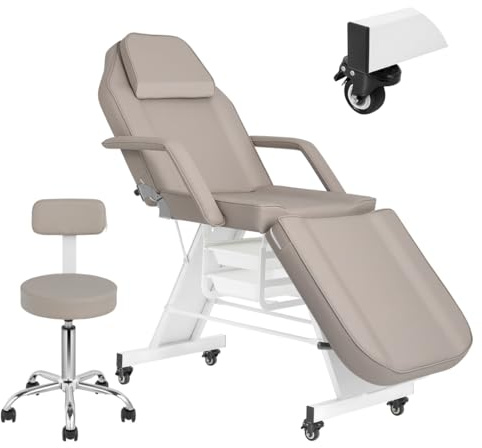 V VDLONSY Facial Chair with Wheel Tattoo Bed with Stool for Client Beauty Artist Spa Bed Removable Headrest for Esthetician Gray