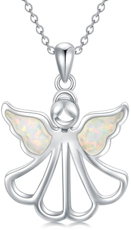 ROMANTICWORK Collier ange gardien en argent sterling 925 avec pendentif en opale - Cadeau pour fille et femme, Argent sterling