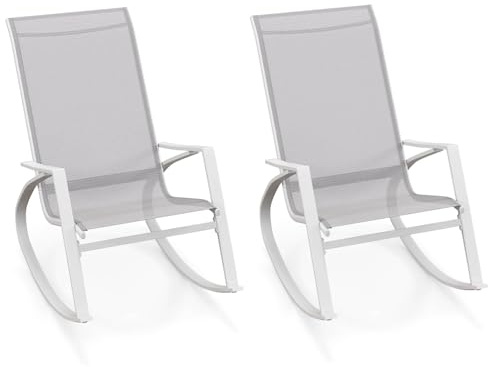 RELAX4LIFE 2PCS Garden Rocking Chairs, Ergonomic Outdoor Fabric Rocking Armchairs Lounge Chairs with High Backrest, Metal Frame Patio Rocking Seat Porch Rocker for Backyard, Balcony, Deck (Grey)