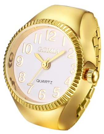 Oidea Ring Watch for Men Women: Fashion Elastic Strap Easy Read Analog Quartz Stainless Steel Round Dial Finger Watches Retractable Band Casual Adjustable Ring Watch Gold