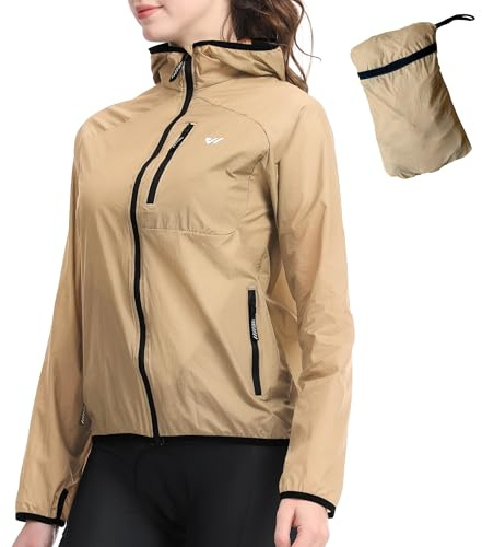 Wulibike Fahrradjacke Damen Faltbare radjacke Leicht und Atmungsaktiv Laufjacke Reflektierende Windbreaker Regenjacke für Radfahren,Trekking Khaki A3=M