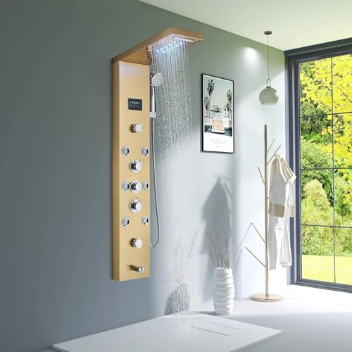 Pannello Doccia JUNSHENG con Display a LED, 5 Modalità d'acqua, Set di Pannelli Doccia Dorati con Soffione, Doccetta, Getti Massaggianti Posteriori e Bocca per Vasca da Bagno