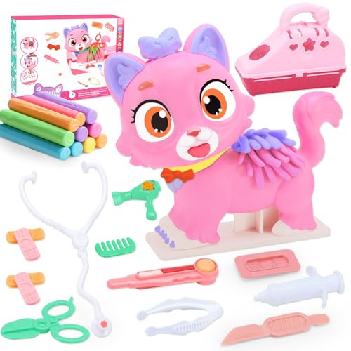 Crelloci Play Color Dough Set for kids age 3+, Cat Vet Toys for Kids, Pet Care Doctor Pretend Play Toy with Toy Cat, Carrier, 10 Tools, 10 Colours Dough，