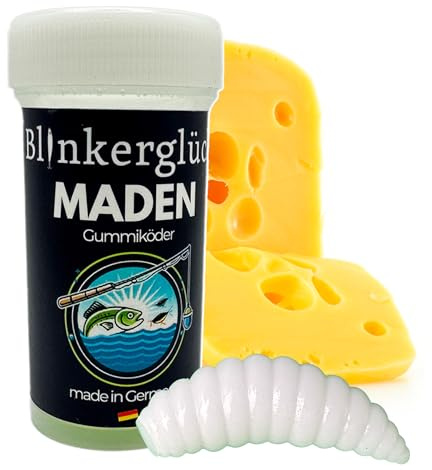 Blinkerglück Kunstmaden – 10 Stück 4 cm weiche Maden mit Käse-Aroma in wiederverschließbarer Dose (Weiß)
