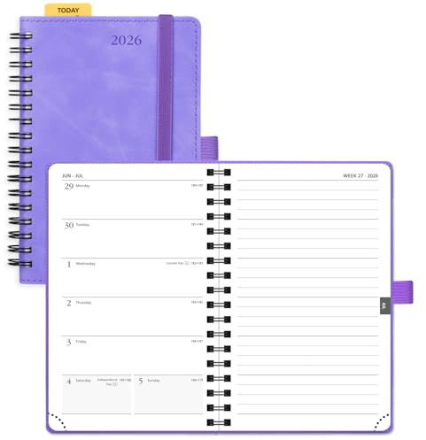 POPRUN 2026 Pocket Diary A6 Week to View Spiral Bound PU Leather Soft Cover 16 x 10.5 cm Appointment Work Book - 26 Small Weekly Planner & Notebook in One (Lilac)