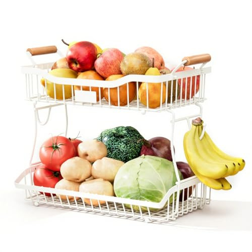 Yuhtech Cesto per frutta a 2 livelli, Ciotola cesto per frutta per cucina, Scaffale portaverdure da bancone, Organizer porta snack staccabile con manico in legno (Bianco)