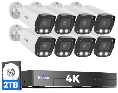 【4K HD +0 Monthly Fee】 Hiseeu 8MP PoE Security Camera System, 8 Pcs 4K Security Camera Outdoor&Indoor, 121° Wide View, Color Night Vision, Smart Playback,7/24 Record,Home Surveillance NVR Kit 2TB HDD