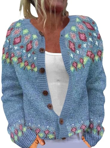 Blue Cardigans for Women UK Plus Size, Fair Isle Nordic Patterned Sweater Long Sleeve Crew Neck Cardigan Jacket for Autumn and Winter,Cashmere Coat