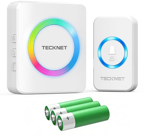 TECKNET Wireless Doorbell, Door Bell 0-120dB, Battery-Powered 1300ft Range, Classroom Doorbells IP66 Waterproof, 60 Chimes & 5 Volume Levels, RGB Light for Home Kids Classroom Hearing Impaired, white