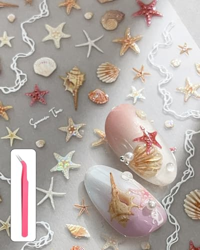 lulir Pegatinas para Uñas Relieve - Conchas Marinas Naranjas, Pegatinas Uñas Verano, Nail Stickers Uñas, Decoración de Uñas para Manicura DIY y Saló Con Pinzas (Conchas, Estrellas de Mar)