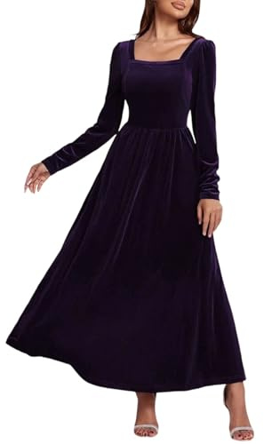 Celanisai Abito in velluto da donna, lungo, a maniche lunghe, da cocktail, in velluto, per autunno, inverno, da sera, elegante, per matrimoni, maxi abito da sera, O viola, XL