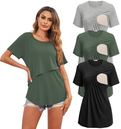 Ekouaer amningsskjorta, modell, mammamode, 1/3-pack, mjuk, kortärmad, sommar, amnings-t-shirt, amningstoppar, damer, amningstopp för gravida kvinnor
