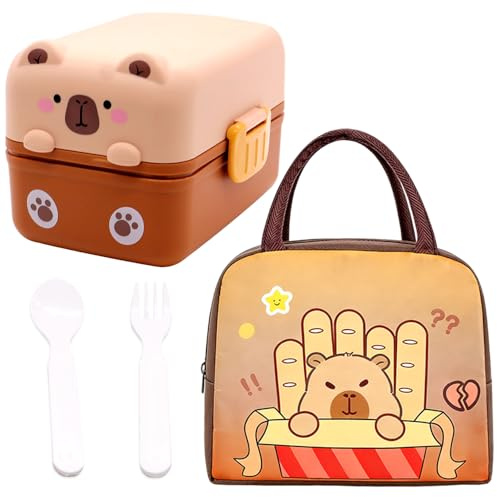 Capybara Scatole Bento Kit, Porta Pranzo Lunch Box con Borsa Termica Posate Schiscetta Pranzo con Scomparti Borse Frigo Pranzos Bento Box Studente Portapranzo Portatile per Picnic Uffici Scuola