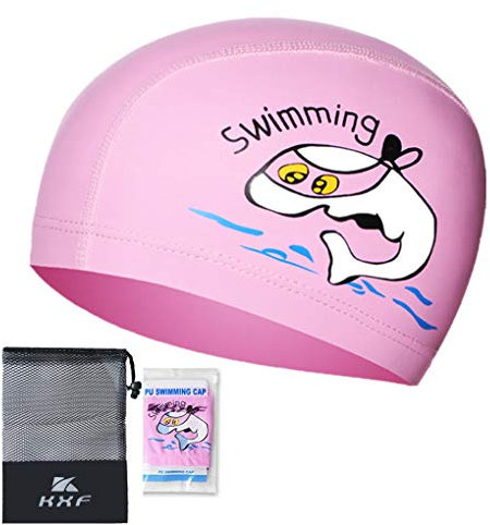 Paciffico Kinder-Badekappe, wasserdichte PU-Badekappe, elastisch mit Beschichtung und Cartoon-Muster, für Kinder / Jungen / Mädchen, Alter 3–12 Einheitsgröße rose