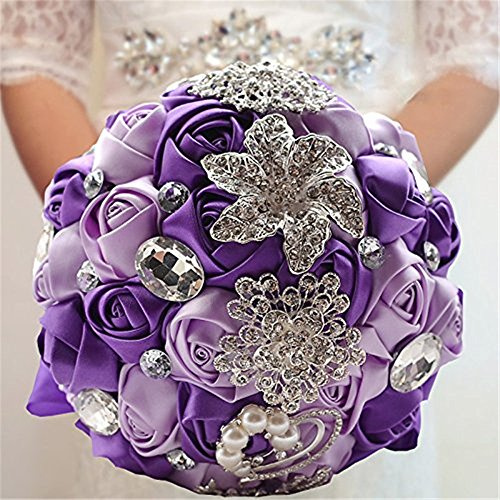 Fouriding Hand Made Diamond Pearl Satin Roses Bridesmaid Bridal Artificial Bouquets Customization Bride Holding Bouquet Wedding for Photo Shooting, Valentine's Day, Birthday,Creystal Purple