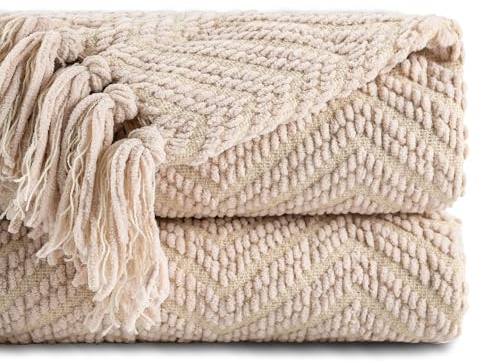BATTILO HOME Beige Throw Blanket for Couch, Knitted Beige Throw for Bed, Neutral Throw Blankets Tan Throw Blanket for Room Decor Housewarming Gifts, 50 x 60