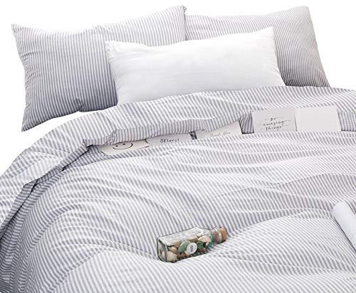 Wake In Cloud - Striped Cotton Duvet Cover Set, Ticking Stripe Pinstripe Farmhouse, 100% Cotton Bedding Set, 3 Pieces, Gray White, Queen Size