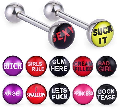 COTTVOTT 12pcs Fancy Words Pictures Logo Stainless Steel Straight Barbells Tongue Rings Bars Piercing Jewelry
