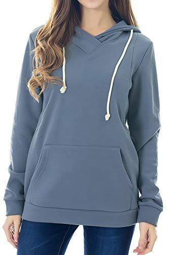 Smallshow Women's Fleece Maternity Nursing Sweatshirt Hoodie Kangaroo Pocket Large Grey Blue