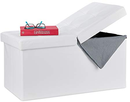 Relaxdays Sitzbank, mit Stauraum, faltbar, Leder-Optik, klappbarer Deckel, Flur, Schlafzimmer, Polster Truhenbank, weiß, 39 x 75 x 37 cm
