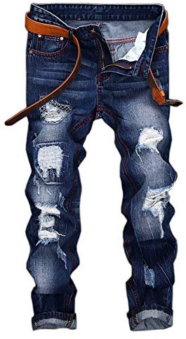 YOUCAI Mäns personlighet slim fit denim jeans biker slitna tvättade byxor slitna slitna slitna byxor slitna ben (inget bälte), blå, 42W