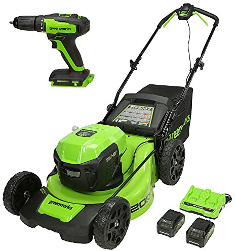 Greenworks 48V (2 x 24V) 20 Brushless Cordless Push Lawn Mower + 24V Brushless Drill/Driver, (2) 4.0Ah USB Batteries (USB Hub) and Dual Port Rapid Charger Included