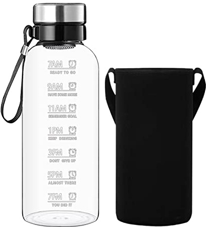 RNCKUUE 64 OZ Glass Water Bottle - Large Resuable Borosilicate Wide Mouth Glass Drinking Bottles With Time Mark, Sleeve, BPA Free