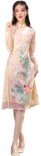 Abito estivo da donna,Abito ricamato Ao Dai Cheongsam,Abbigliamento cinese Tang classico Hanfu Qipao, Champagne-oro, XL