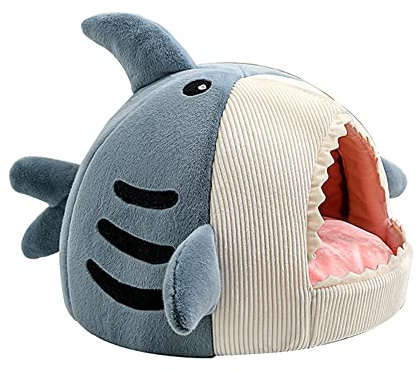Niche pour chat en forme de requin avec coussin épais, maison douce et chaude pour chats d'intérieur avec fond antidérapant, tente pour chat avec coussin amovible et lavable, sac de couchage pour